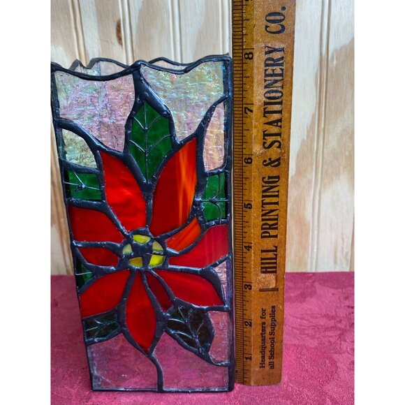 Stained Glass Poinsettia Candle Cover Votive Handcrafted 8" x 3.75" x 3.5" - Picture 9 of 13